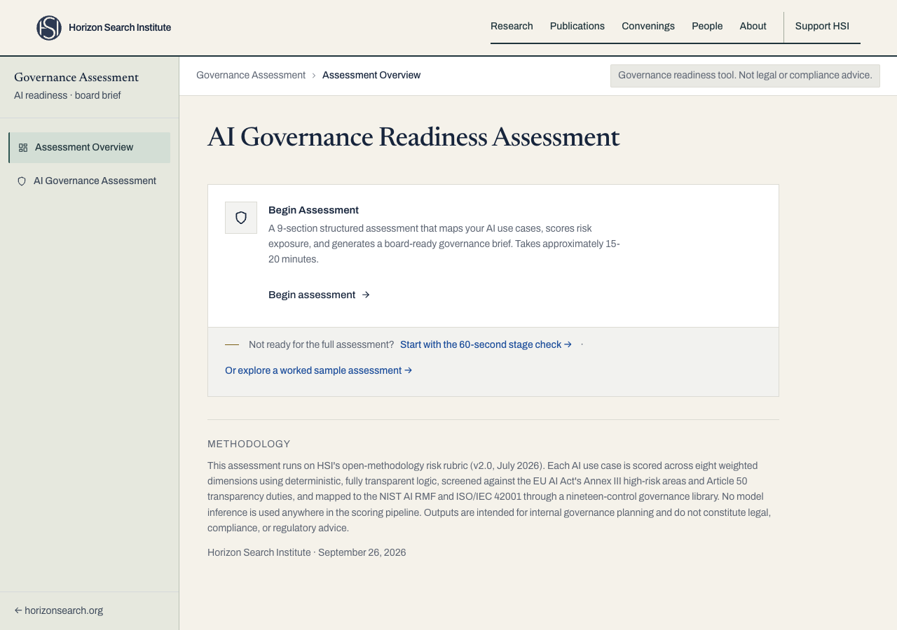 HSI AI Governance Readiness Assessment interface, showing the assessment overview and open methodology.