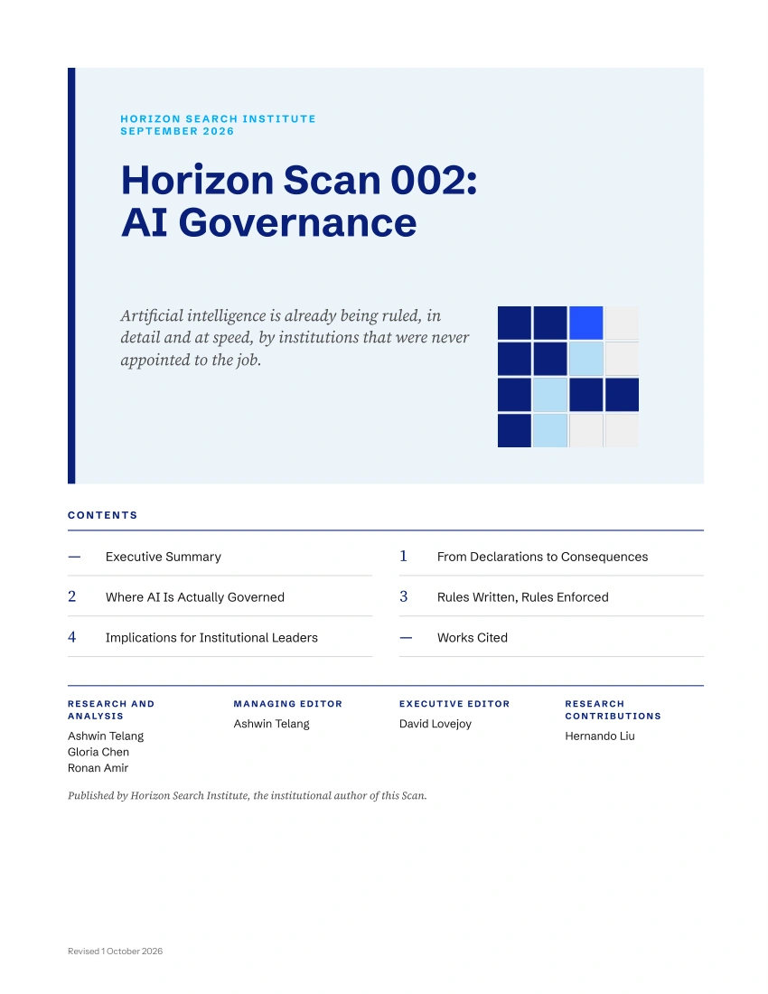 Cover of Horizon Scan 002: AI Governance, September 2026.