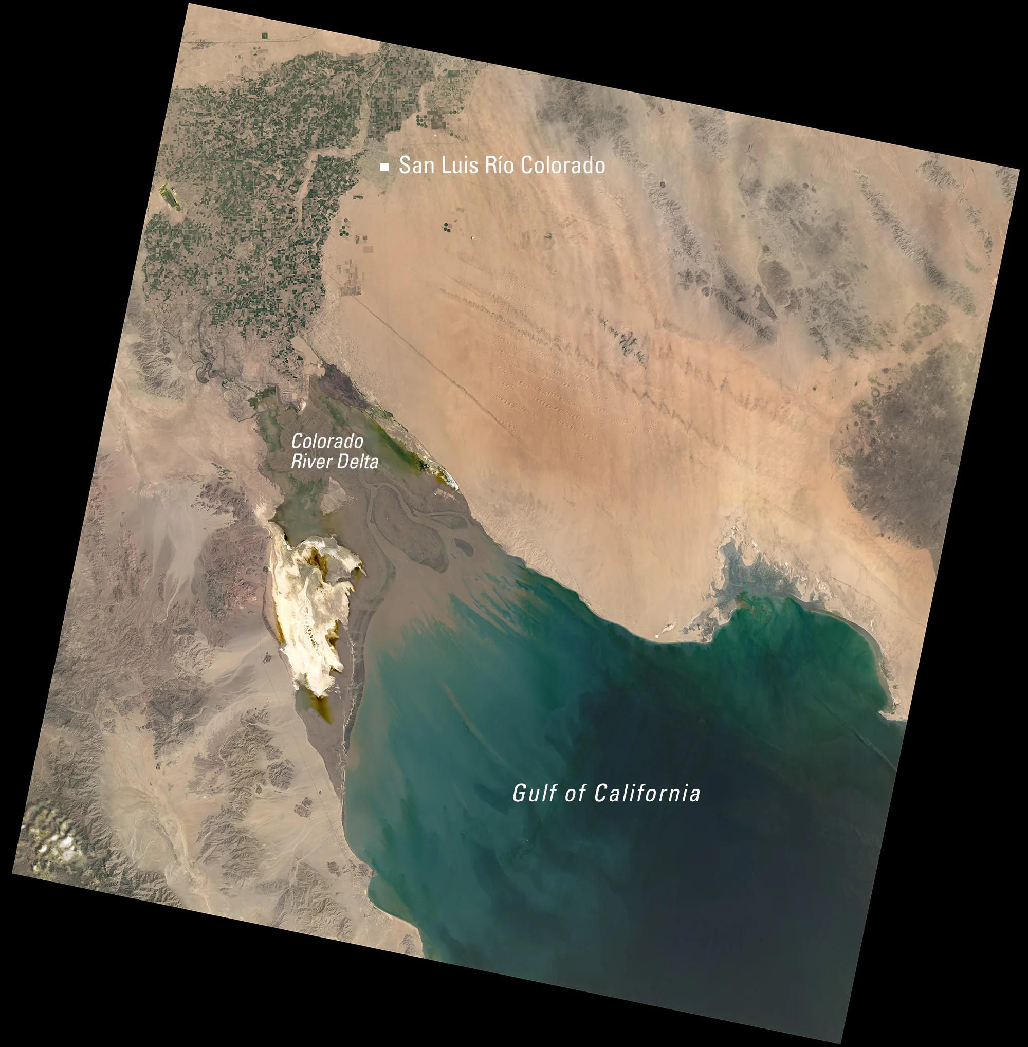 Landsat 9 satellite view of the Colorado River Delta and Gulf of California near San Luis Río Colorado.